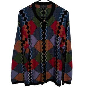 Peruvian Perfection 100% Alpaca Geometric knit patch Sweater Cardigan Wmns XL G2